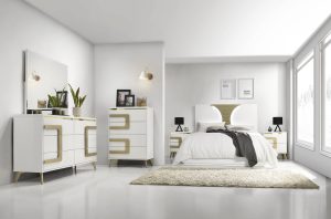 BRF2313-Bedroom -Furiniture-Set with-White-Gold-Finishing-glam-headboard-with-LED-Light